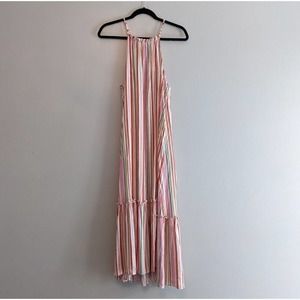 Lush Pink Cream Orange Striped Ruffle Maxi Dress NEW Size Medium High Neck Rayon